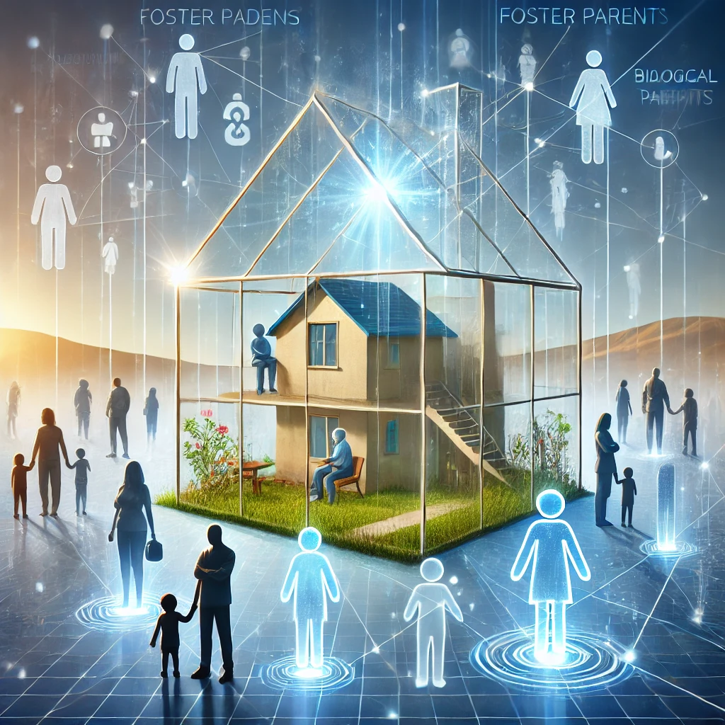 Een glazen huis waarin processen zoals besluitvorming en toezicht zichtbaar zijn, omringd door pleegkinderen, pleegouders, biologische ouders en hulpverleners die verbonden zijn door transparante lijnen.