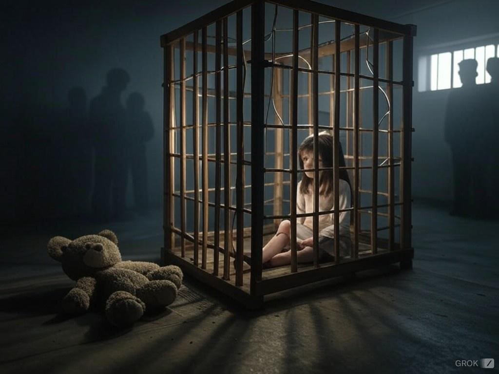 Een sombere illustratie van een houten kooi met schijnbare stroomdraden, een gebroken teddybeer op de vloer, en schaduwen in de achtergrond, symboliserend het falen van pleegzorg in de tragedie van het Vlaardings meisje.