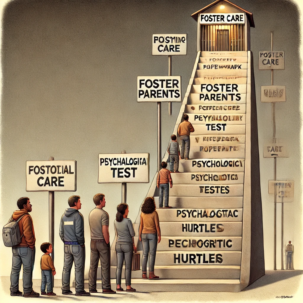 Een lange trap met symbolen van bureaucratische hindernissen en psychologische testen, leidend naar een gesloten deur gemarkeerd als 'Pleegzorg', terwijl kinderen onderaan wachten.