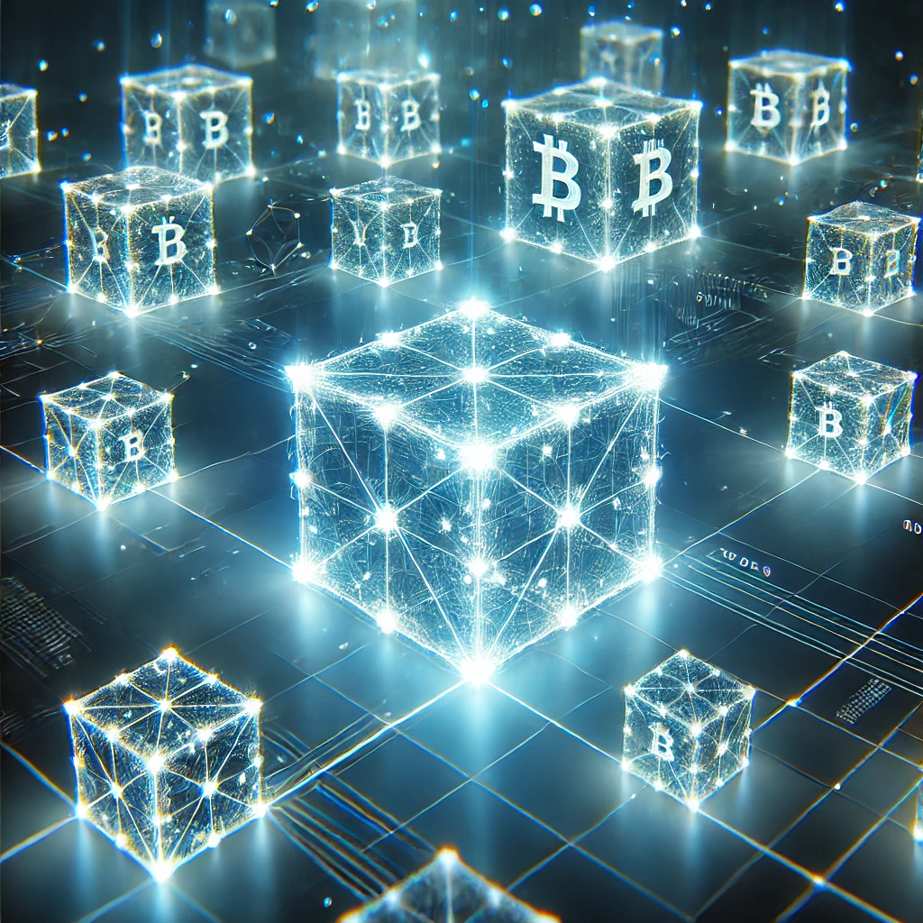 Een futuristische weergave van blockchaintechnologie met gloeiende, verbonden blokken in een digitale, blauw-getinte ruimte. De blokken zijn semi-transparant en tonen datalijnen, symboliserend innovatie en technologische vooruitgang.