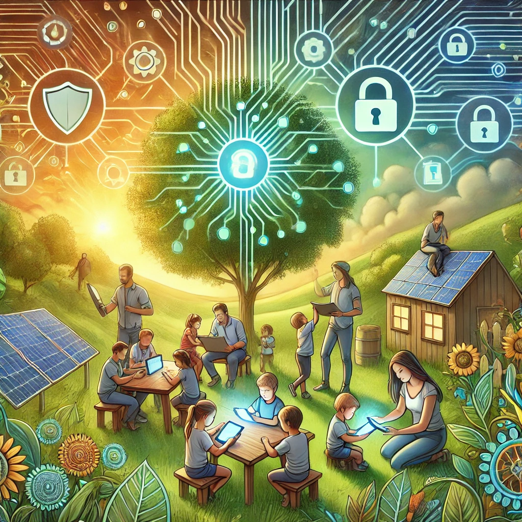 Een inspirerende illustratie van kinderen en volwassenen die samenwerken in een futuristische, duurzame omgeving. Ze gebruiken technologie zoals tablets en zonne-energie, omringd door natuur, met privacy- en duurzaamheidssymbolen zoals vergrendelingen en schildpictogrammen.