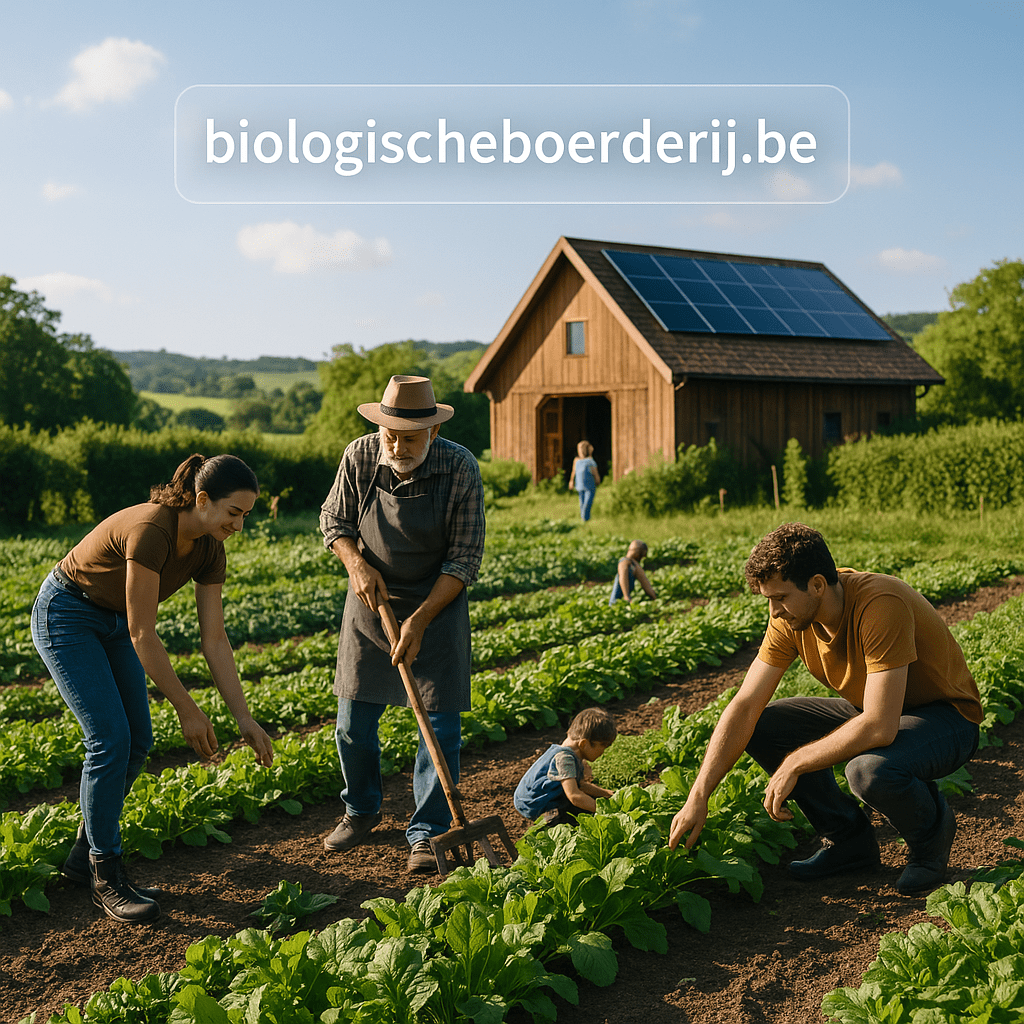 Een vredige biologische boerderij in België met mensen die samenwerken op het veld, omringd door groene natuur, een houten hoeve met zonnepanelen, en een subtiele digitale verwijzing naar het domein “biologischeboerderij.be” in de lucht.