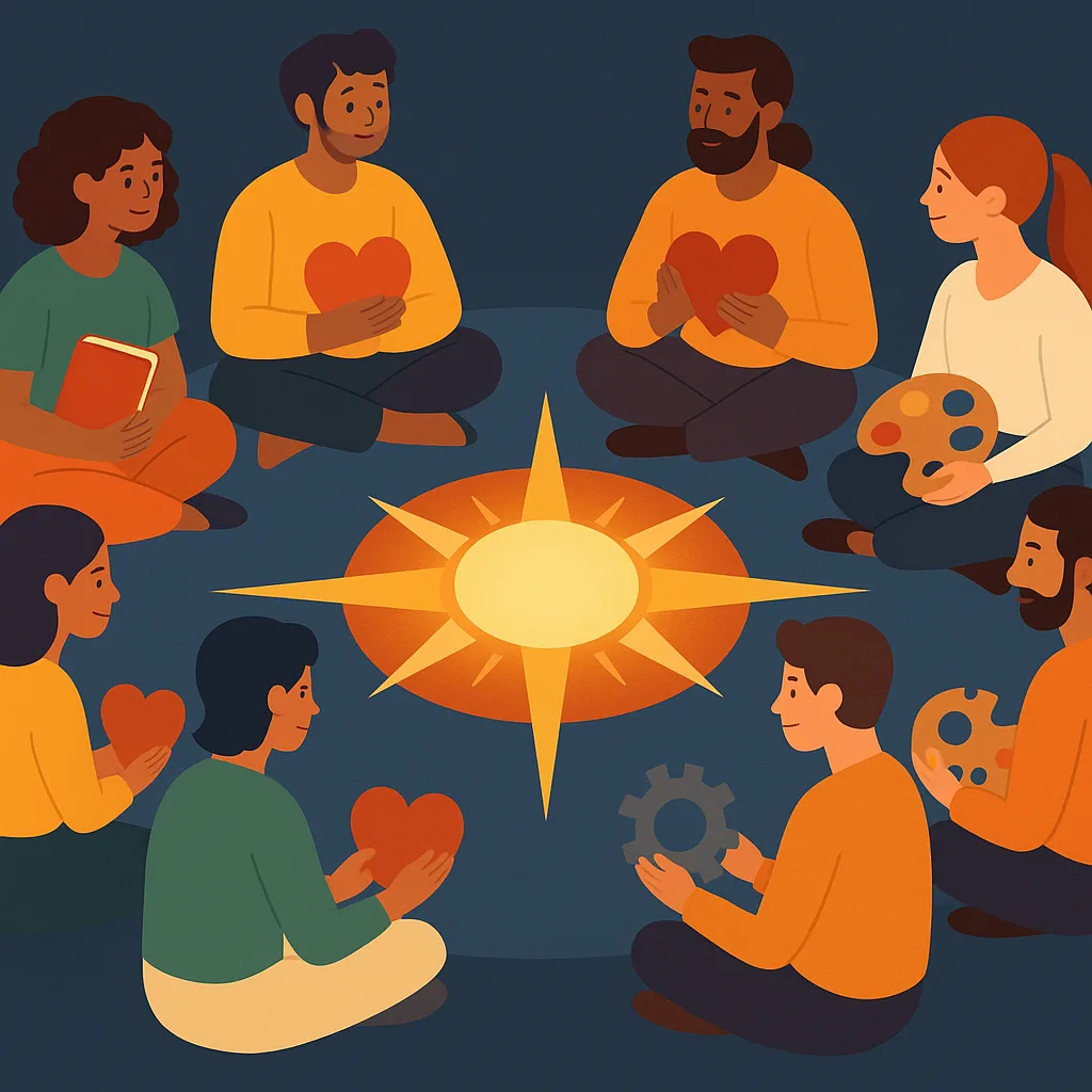 Mensen zitten in een cirkel rond een kompasvormig lichtpunt, ieder met een symbool voor hun unieke bijdrage, zoals een boek, hart, tandwiel of verfpalet.