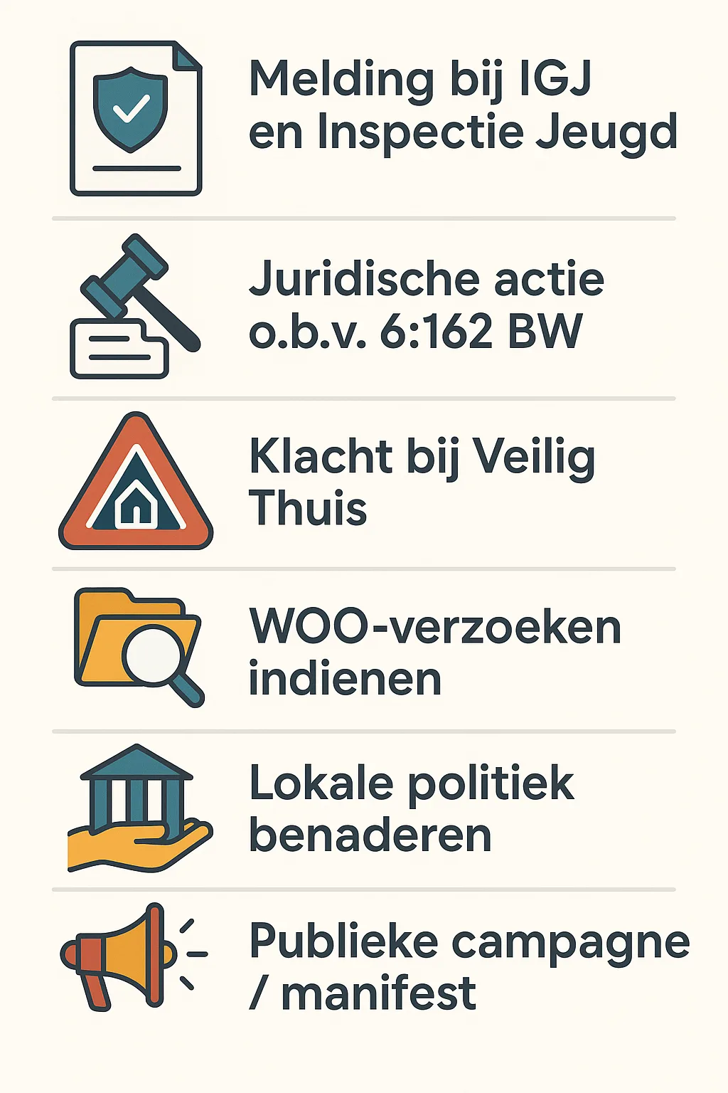 Infographic met 6 concrete actiestappen voor professionals, ouders en beleidsmakers in de jeugdzorg, waaronder meldingen bij inspecties, juridische stappen, WOO-verzoeken en publieke campagnes.