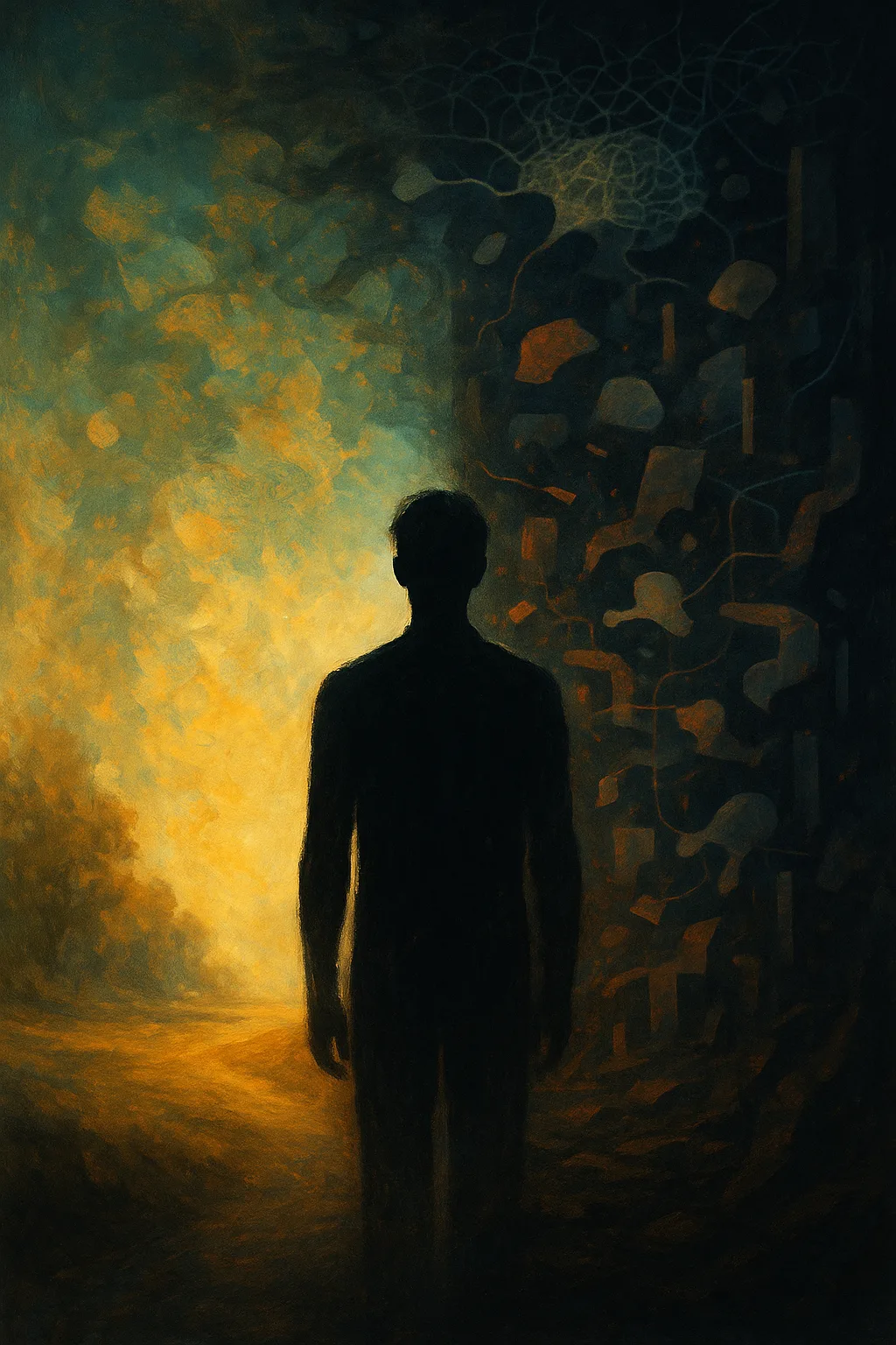 Illustratie van een persoon die zich tussen realiteit en waan bevindt.