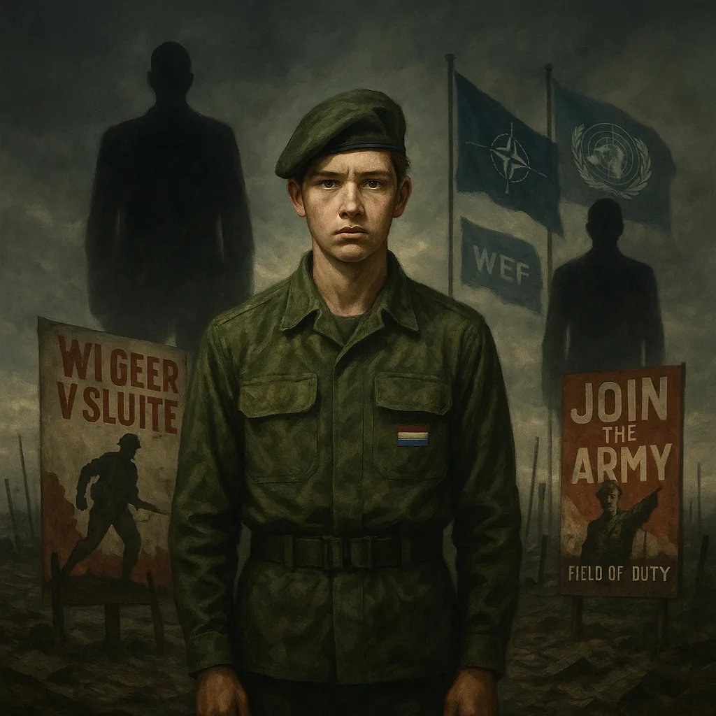 Jonge soldaat in uniform tegenover wereldmachten en propaganda.