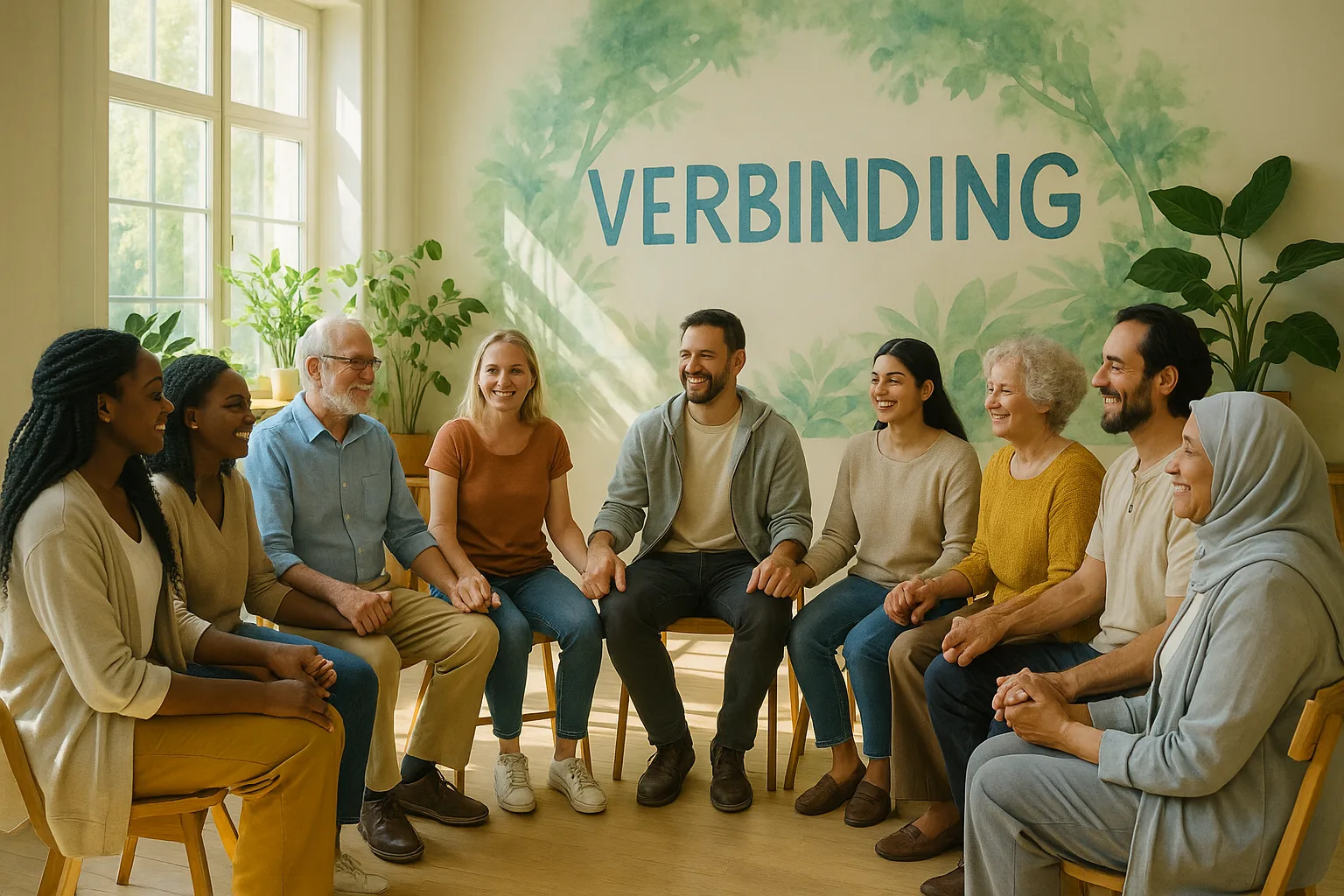 Mensen in een kring in een vredige ruimte die verbondenheid en herstel uitstralen.