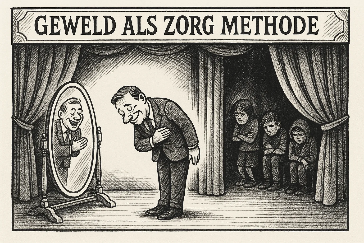 Satirische zwart-wit cartoon van een jeugdzorgmanager die voor een spiegel buigt en applaus ontvangt van zijn reflectie, terwijl kinderen verdrietig en bang in de coulissen staan. Boven het toneel staat de tekst ‘Geweld als zorgmethode’.
