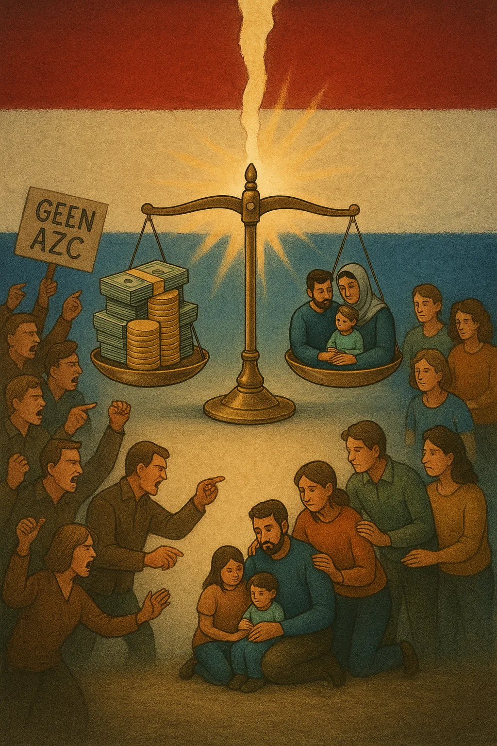 Illustratie van verdeeldheid over asielopvang: protesterende mensen tegenover een gezin vluchtelingen op een weegschaal met geld, tegen een gescheurde Nederlandse vlag.