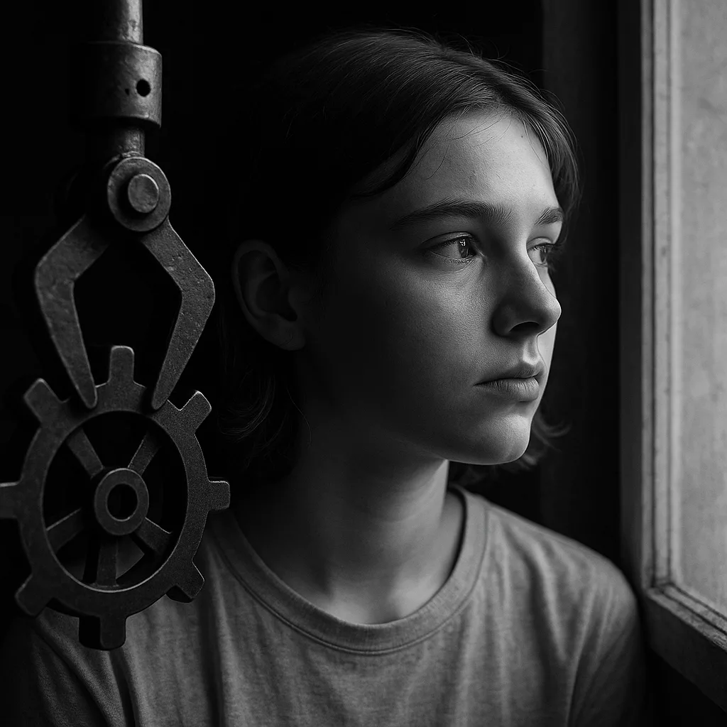 Tiener achter raam kijkt naar buiten, symbool van systeem versus vrijheid