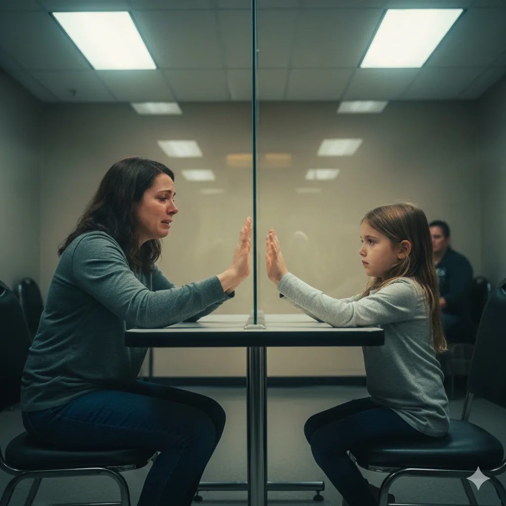Moeder en dochter gescheiden door een glazen wand tijdens bezoekmoment in jeugdzorginstelling.