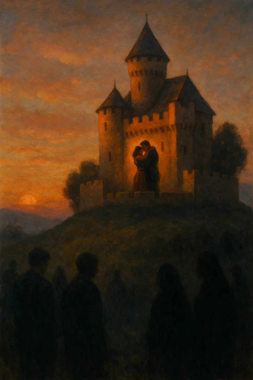 Twee geliefden omarmd binnen de muren van een klein kasteel bij zonsondergang, terwijl buiten anderen in de schaduw staan.