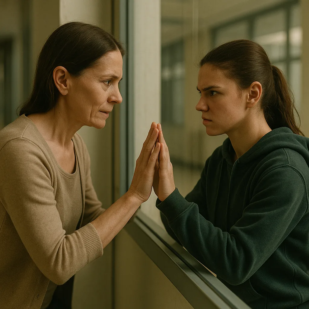 Moeder en dochter Cathy de Graaf reiken naar elkaar door glaswand van jeugdzorginstelling.