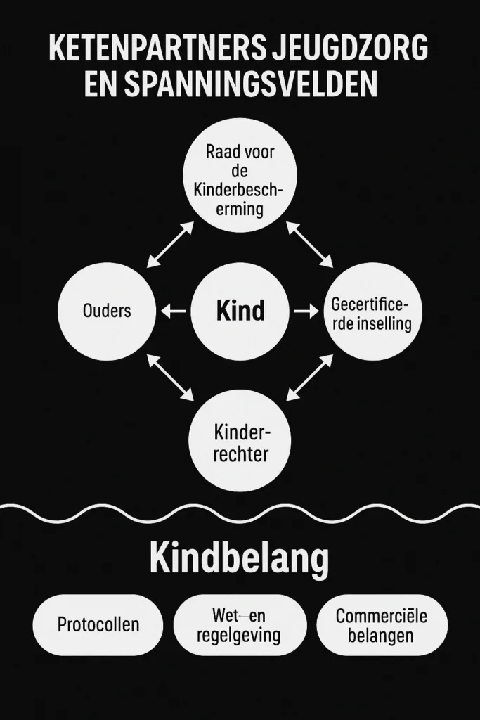 Zwart-witte infographic over de ketenpartners in de jeugdzorg, met in het midden het kind en daaromheen de Raad voor de Kinderbescherming, ouders, gecertificeerde instelling en kinderrechter, inclusief spanningsvelden zoals protocollen, wet- en regelgeving en commerciële belangen.
