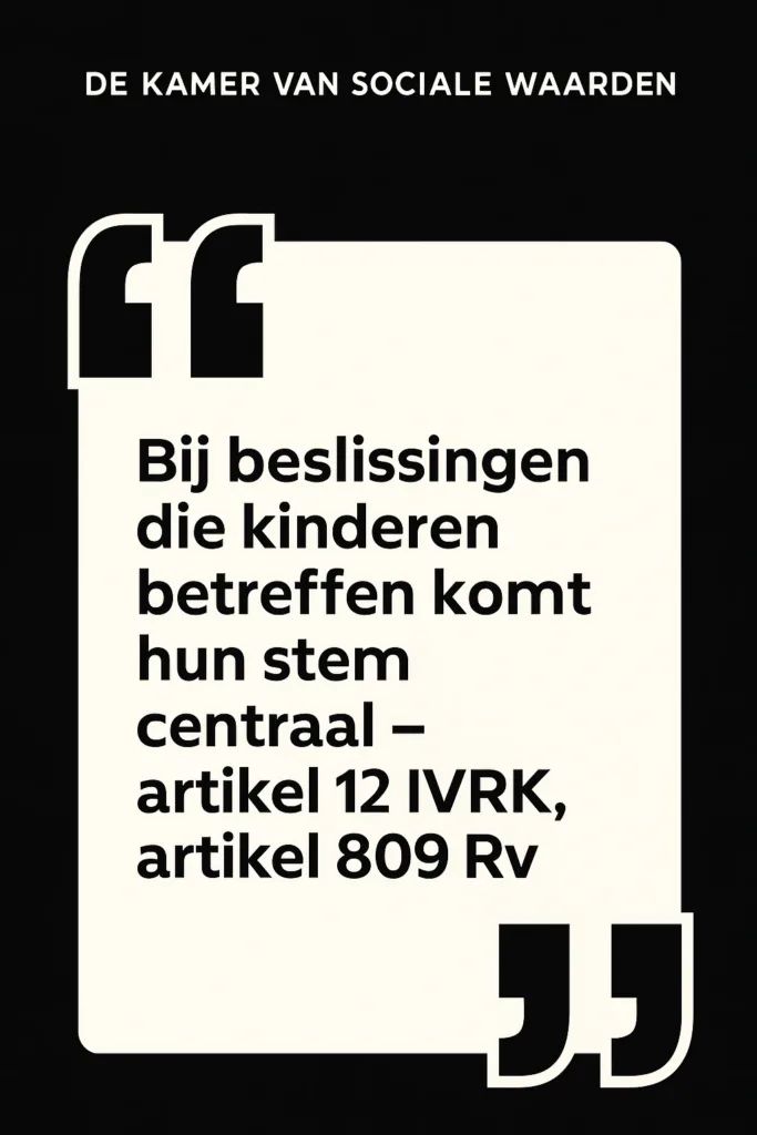Citaatbanner in zwart-wit van De Kamer van Sociale Waarden met de tekst dat bij beslissingen over kinderen hun stem centraal staat, verwijzend naar artikel 12 IVRK en artikel 809 Rv.
