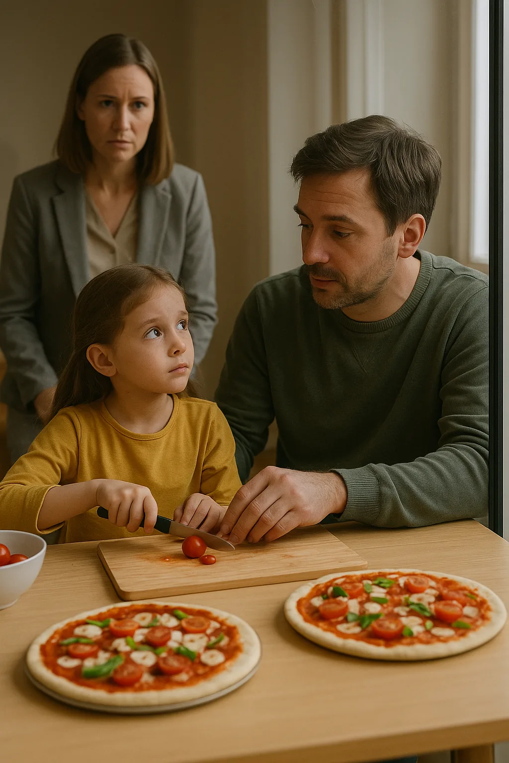 Vader en dochter maken samen pizza onder toezicht tijdens begeleide omgang.