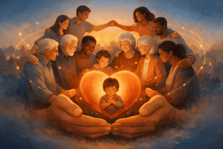 Hechte gemeenschap rond het kind, symbool voor gedeelde waarden, verantwoordelijkheid en toekomstgericht samenleven.