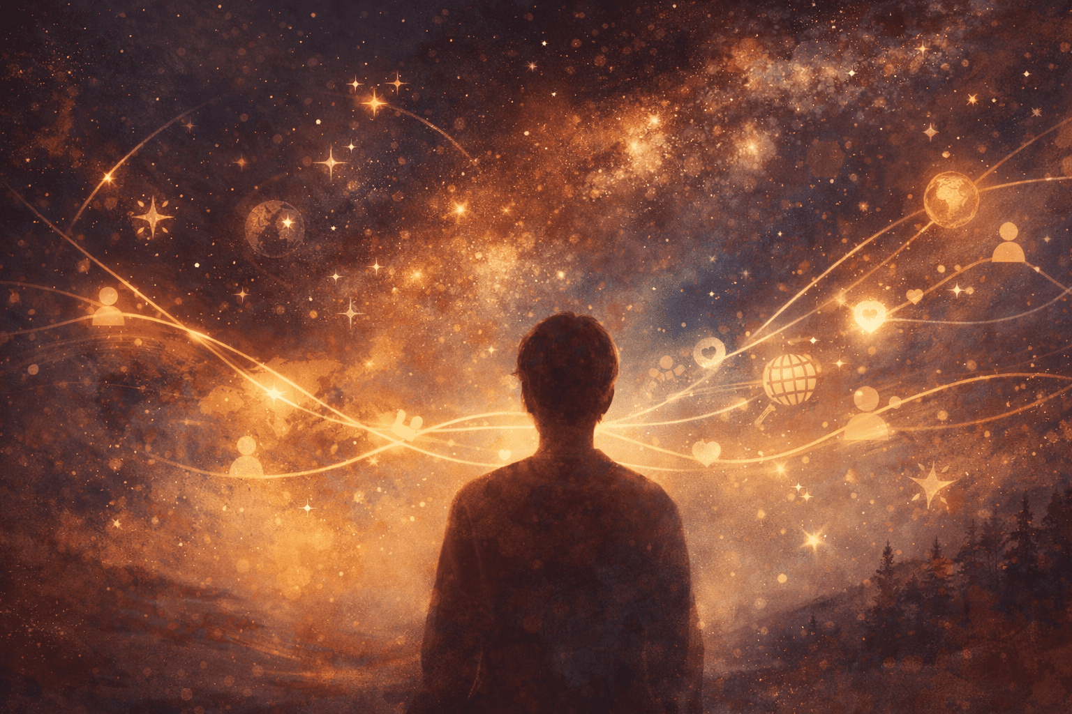 Mens kijkt naar universum als symbool voor betekenis en waarde